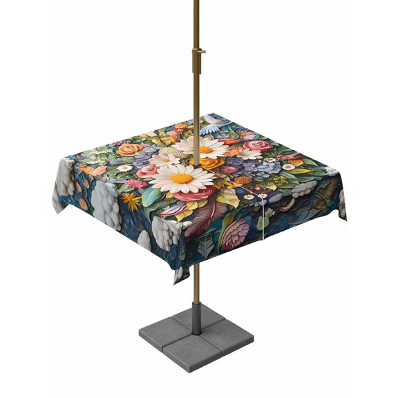 Square Outdoor Tablecloth with Umbrella Hole Boho Flower Outside Table Cloth Waterproof Patio Table Cover Retro Daisies Bohemia Floral Clouds Ethnic Zipper Tablecloths for Picnic Camping 54x54 Inch