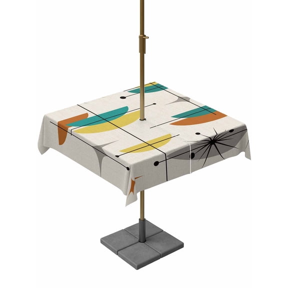 Square Outdoor Tablecloth with Umbrella Hole Boho Teal Yellow Orange Grey Outside Table Cloth Waterproof Patio Table Cover Middle Century Geometric Zipper Tablecloths for Picnic Camping 54x54 Inch
