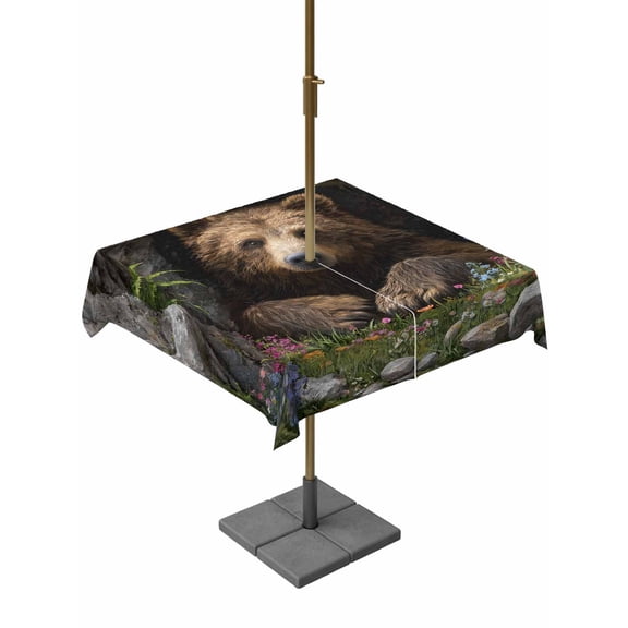 Square Outdoor Tablecloth with Umbrella Hole Brown Bear Outside Table Cloth Waterproof Patio Table Cover Cave Animals Wildflowers Rustic Zipper Tablecloths for Picnic Party Camping 54x54 Inch