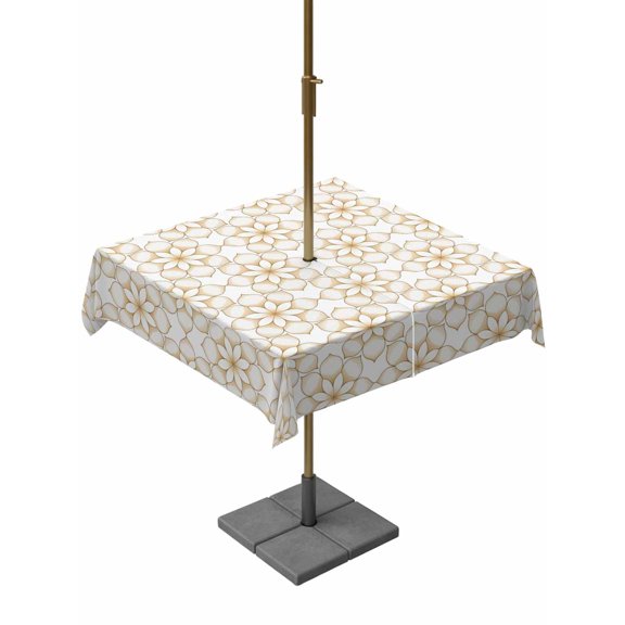 Square Outdoor Tablecloth with Umbrella Hole Brown Flower Outside Table Cloth Waterproof Patio Table Cover Retro Tribal Art Abstract Monochrome Texture Zipper Tablecloths for Picnic 54x54 Inch
