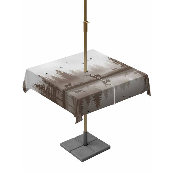 Square Outdoor Tablecloth with Umbrella Hole Brown Forest Table Cloth Waterproof Patio Table Cover Pine Tree Raindeer Lake Misty Natural Scenery Zipper Tablecloths for Picnic Party Camping 54x54 Inch