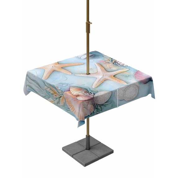 Square Outdoor Tablecloth with Umbrella Hole Coastal Beach Outside Table Cloth Waterproof Patio Table Cover Summer Starfish Nautical Shell Ocean Zipper Tablecloths for Picnic Party Camping 60x60 Inch
