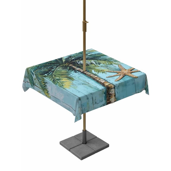 Square Outdoor Tablecloth with Umbrella Hole Coastal Blue Green Outside Table Cloth Waterproof Patio Table Cover Ocean Beach Tropical Plant Starfish Zipper Tablecloths for Picnic Camping 54x54 Inch