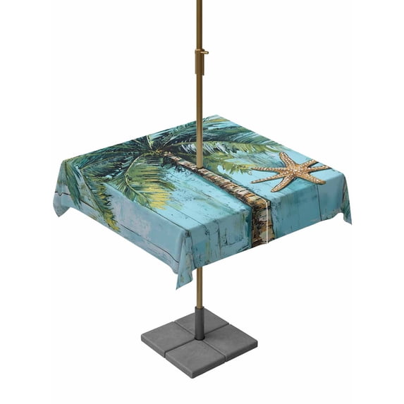 Square Outdoor Tablecloth with Umbrella Hole Coastal Blue Green Outside Table Cloth Waterproof Patio Table Cover Ocean Beach Tropical Plant Starfish Zipper Tablecloths for Picnic Camping 60x60 Inch