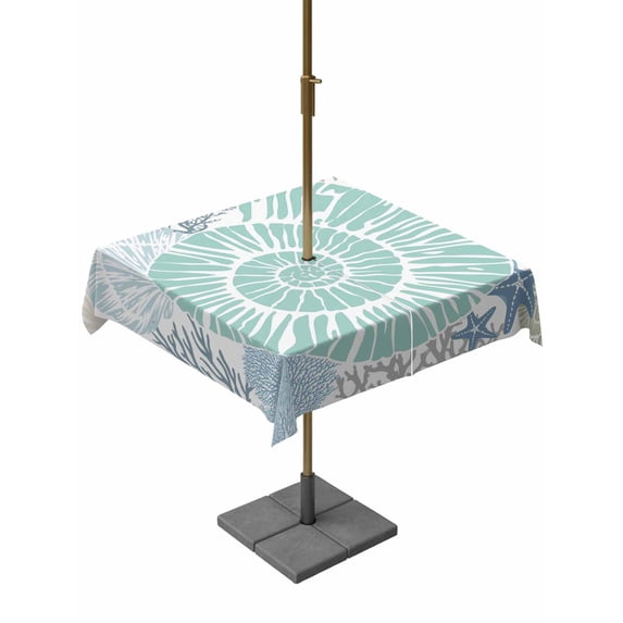 Square Outdoor Tablecloth with Umbrella Hole Coastal Outside Table Cloth Waterproof Patio Table Cover Blue Starfish Teal Green Conch Ocean Coral Zipper Tablecloths for Picnic Party Camping 54x54 Inch