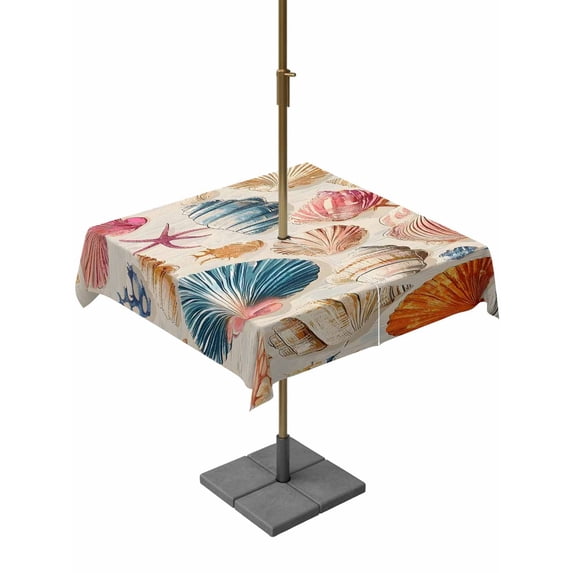 Square Outdoor Tablecloth with Umbrella Hole Coastal Shell Outside Table Cloth Waterproof Patio Table Cover Summer Nautical Shell Beach Starfish Zipper Tablecloths for Picnic Party Camping 54x54 Inch