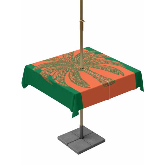 Square Outdoor Tablecloth with Umbrella Hole Coconut Tree Outside Table Cloth Waterproof Patio Table Cover Boho Tropical Orange Green Stripe Summer Zipper Tablecloths for Picnic Camping 54x54 Inch
