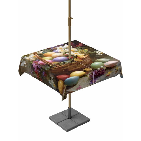 Square Outdoor Tablecloth with Umbrella Hole Easter Outside Table Cloth Waterproof Patio Table Cover Spring Watercolor Eggs Flowers Leaf Plant Zipper Tablecloths for Picnic Party Camping 54x54 Inch