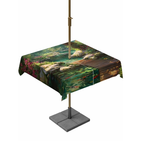 Square Outdoor Tablecloth with Umbrella Hole Green Forest Creek Bridge Outside Table Cloth Waterproof Patio Table Cover Spring Floral Botanical Zipper Tablecloths for Picnic Party Camping 54x54 Inch