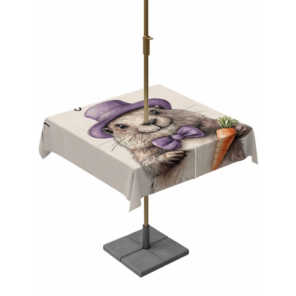 Square Outdoor Tablecloth with Umbrella Hole Happy Groundhog Day Outside Table Cloth Waterproof Patio Table Cover Spring Carrot Funny Cute Animals Zipper Tablecloths for Picnic Camping 54x54 Inch