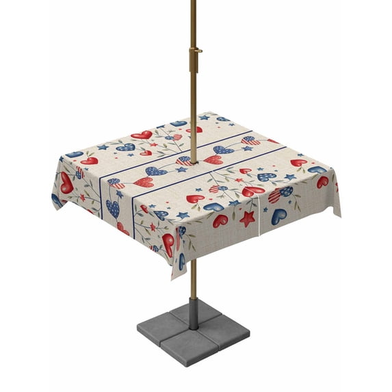 Square Outdoor Tablecloth with Umbrella Hole Independence Day Outside Table Cloth Waterproof Patio Table Cover 4th of July Red Blue Strip Love Burlap Zipper Tablecloths for Picnic Camping 60x60 Inch