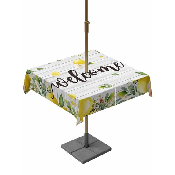 Square Outdoor Tablecloth with Umbrella Hole Lemon Farmhouse Outside Table Cloth Waterproof Patio Table Cover Summer Fruit Botanical Grey Wooden Zipper Tablecloths for Picnic Party Camping 54x54 Inch
