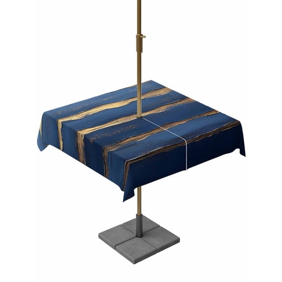Square Outdoor Tablecloth with Umbrella Hole Luxury Navy Blue Outside Table Cloth Waterproof Patio Table Cover Golden Contemporary Abstract Zipper Tablecloths for Picnic Party Camping 60x60 Inch