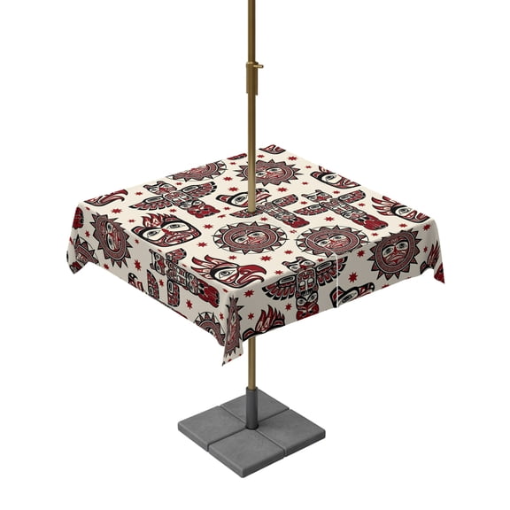 Square Outdoor Tablecloth with Umbrella Hole Native Totem Table Cloth Waterproof Patio Table Cover Ethnic Boho Tribal Earthy Red Beige Abstract Zipper Tablecloths for Picnic Party Camping 54x54 Inch