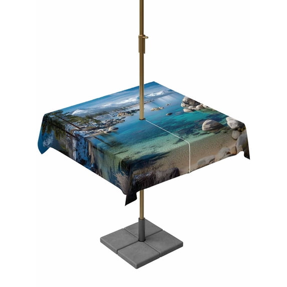 Square Outdoor Tablecloth with Umbrella Hole Nature Forest Outside Table Cloth Waterproof Patio Table Cover Blue Sky Mountain Stone Lake Landscape Zipper Tablecloths for Picnic Camping 60x60 Inch