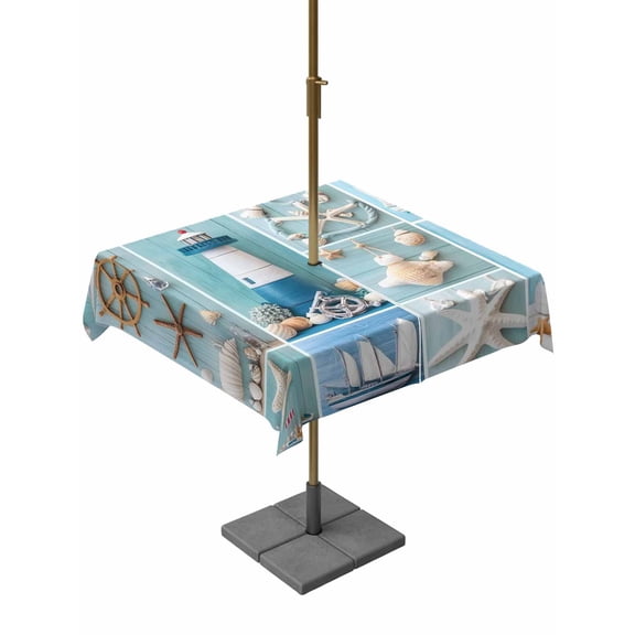 Square Outdoor Tablecloth with Umbrella Hole Nautical Lighthouse Outside Table Cloth Waterproof Patio Table Cover Ocean Starfish Anchor Sailboat Shell Zipper Tablecloths for Picnic Camping 54x54 Inch