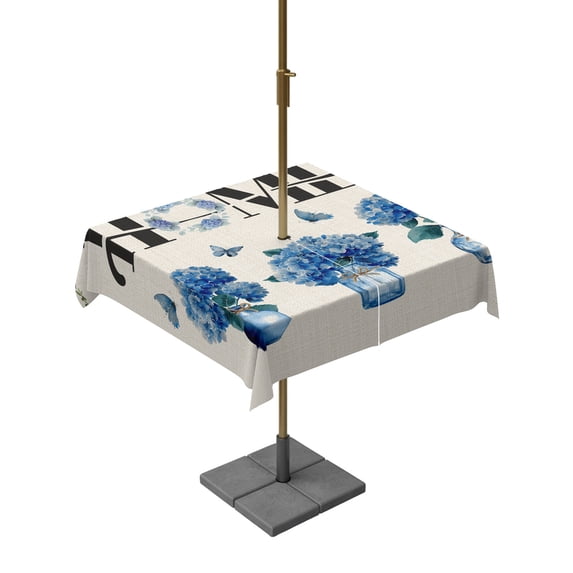 Square Outdoor Tablecloth with Umbrella Hole Navy Blue Bottle Hydrangeas Table Cloth Waterproof Patio Table Cover Country Rustic Flowers Burlap Zipper Tablecloths for Picnic Camping 54x54 Inch