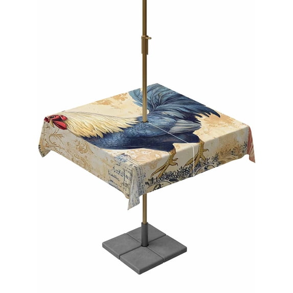 Square Outdoor Tablecloth with Umbrella Hole Navy Blue Rooster Outside Table Cloth Waterproof Patio Table Cover Vintage Watercolor Animals Zipper Tablecloths for Picnic Party Camping 60x60 Inch