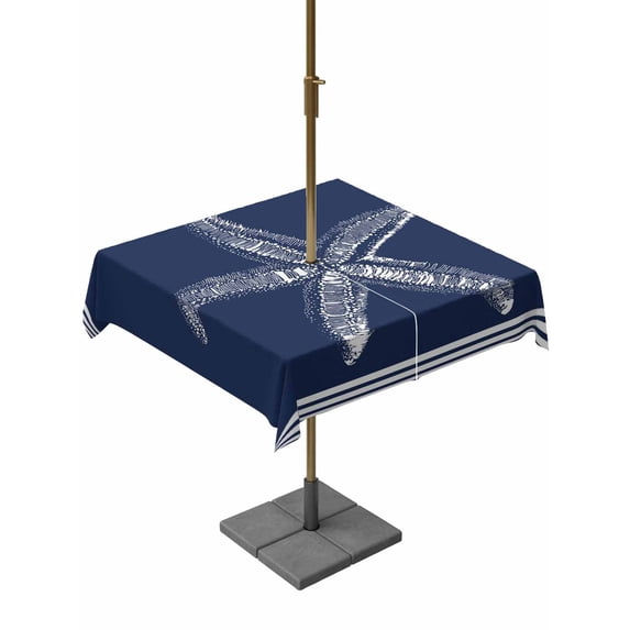 Square Outdoor Tablecloth with Umbrella Hole Navy Blue Starfish Coastal Table Cloth Waterproof Patio Table Cover Nautical Seaside Farmhouse Striped Zipper Tablecloths for Picnic Camping 54x54 Inch