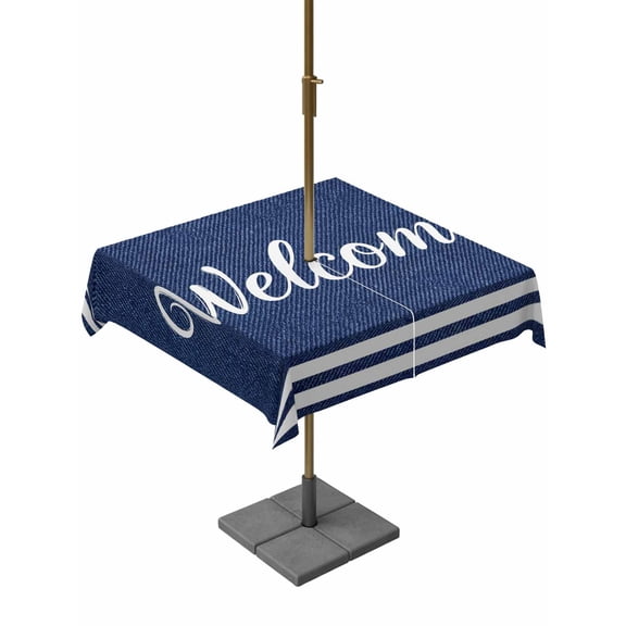 Square Outdoor Tablecloth with Umbrella Hole Navy Blue Welcome Outside Table Cloth Waterproof Patio Table Cover Farmhouse Striped Modern Art Zipper Tablecloths for Picnic Party Camping 60x60 Inch