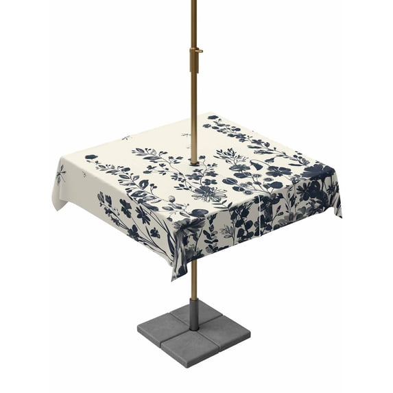 Square Outdoor Tablecloth with Umbrella Hole Navy Botanical Outside Table Cloth Waterproof Patio Table Cover Blue Dragonfly Flower Leaf Retro Style Zipper Tablecloths for Picnic Camping 60x60 Inch