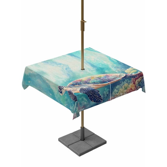 Square Outdoor Tablecloth with Umbrella Hole Ocean Turtle Outside Table Cloth Waterproof Patio Table Cover Coastal Coral Colorful Coral Watercoloor Zipper Tablecloths for Picnic Camping 54x54 Inch