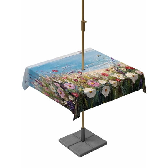 Square Outdoor Tablecloth with Umbrella Hole Oil Painted Wildflowers Outside Table Cloth Waterproof Patio Table Cover Sky Blue Coastal Floral Zipper Tablecloths for Picnic Party Camping 54x54 Inch
