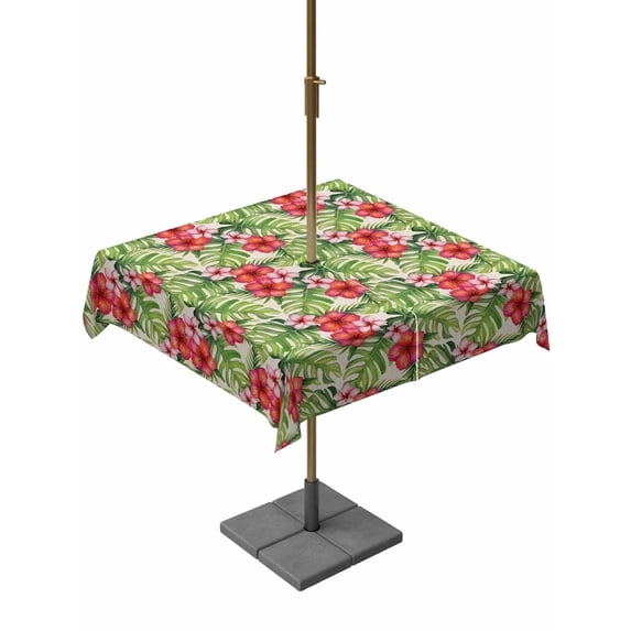 Square Outdoor Tablecloth with Umbrella Hole Palm Leaf Outside Table Cloth Waterproof Patio Table Cover Green Summer Tropical Plant Botanical Flower Zipper Tablecloths for Picnic Camping 54x54 Inch