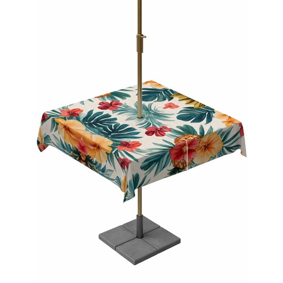 Square Outdoor Tablecloth with Umbrella Hole Palm Tree Pineapple Outside Table Cloth Waterproof Patio Table Cover Red Orange Floral Summer Zipper Tablecloths for Picnic Party Camping 54x54 Inch