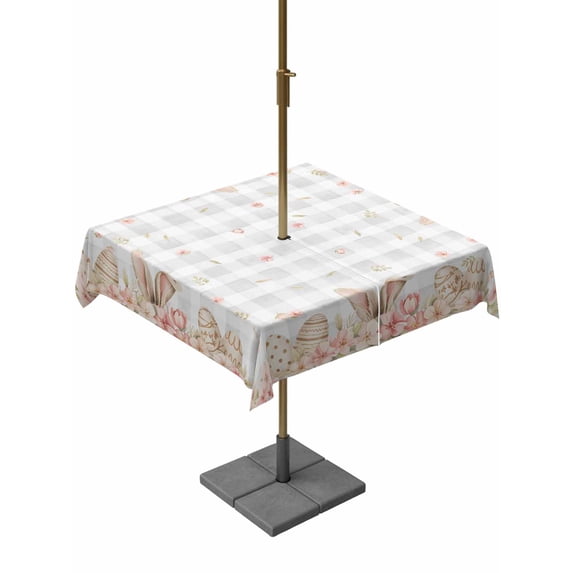 Square Outdoor Tablecloth with Umbrella Hole Pink Easter Outside Table Cloth Waterproof Patio Table Cover Spring Floral Farmhouse Eggs Grey Plaid Zipper Tablecloths for Picnic Camping 60x60 Inch