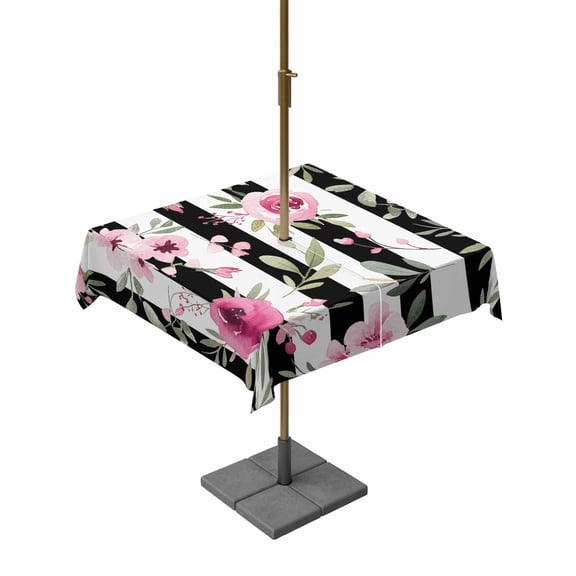 Square Outdoor Tablecloth with Umbrella Hole Pink Roses Outside Table Cloth Waterproof Patio Table Cover Romantic Flowers Leaves Floral Black Stripes Zipper Tablecloths for Picnic Camping 60x60 Inch