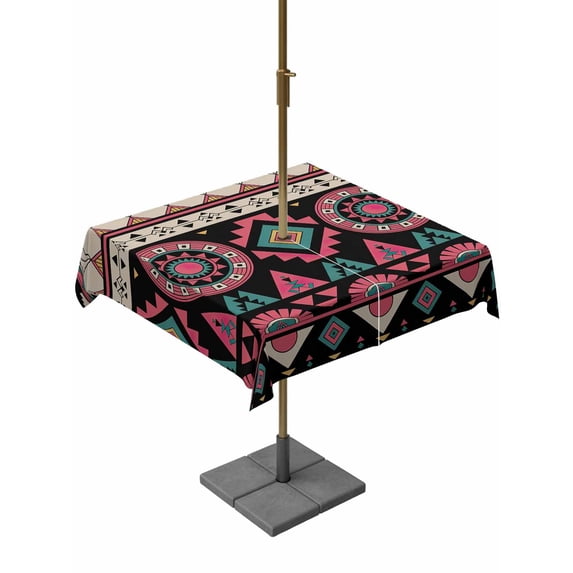 Square Outdoor Tablecloth with Umbrella Hole Pink Turquoise Black Boho Outside Table Cloth Waterproof Patio Table Cover Farmhouse Colorful Geometric Zipper Tablecloths for Picnic Camping 54x54 Inch
