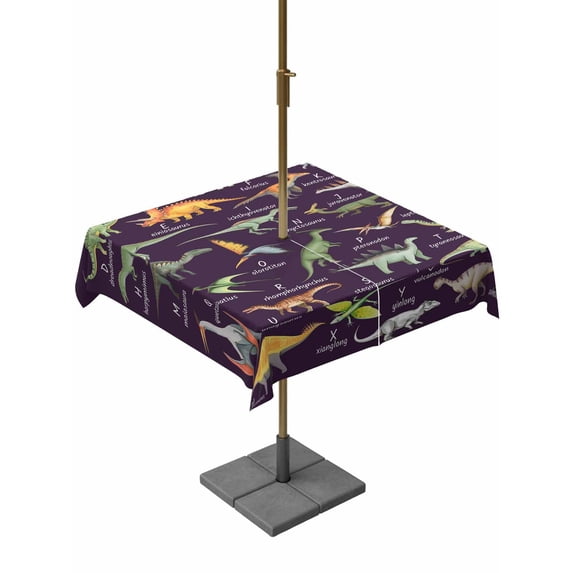 Square Outdoor Tablecloth with Umbrella Hole Purple Dinosaur Outside Table Cloth Waterproof Patio Table Cover Vintage Letters Farm Animals Zipper Tablecloths for Picnic Party Camping 60x60 Inch
