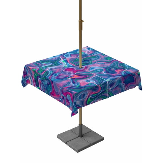 Square Outdoor Tablecloth with Umbrella Hole Purple Green Waves Outside Table Cloth Waterproof Patio Table Cover Modern Abstract Art Zipper Tablecloths for Picnic Party Camping 54x54 Inch