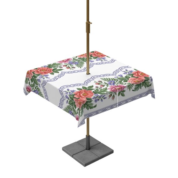 Square Outdoor Tablecloth with Umbrella Hole Red Roses Floral Outside Table Cloth Waterproof Patio Table Cover Farmhouse Botanical Flowers Zipper Tablecloths for Picnic Party Camping 60x60 Inch