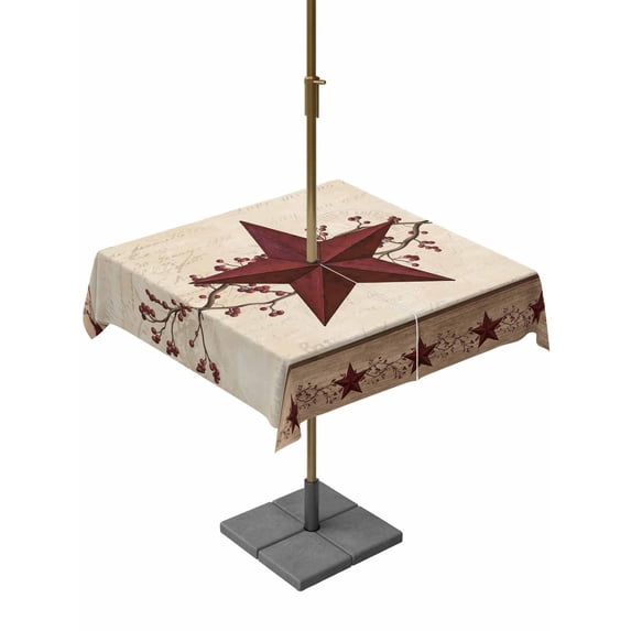 Square Outdoor Tablecloth with Umbrella Hole Red Texas Star Rustic Outside Table Cloth Waterproof Patio Table Cover Farmhouse Berry Brown Wooden Zipper Tablecloths for Picnic Party Camping 60x60 Inch