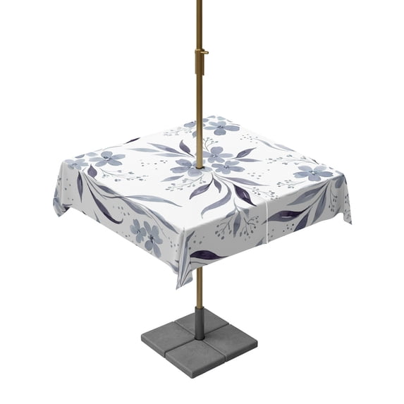 Square Outdoor Tablecloth with Umbrella Hole Rustic Floral Outside Table Cloth Waterproof Patio Table Cover Spring Flower Leaves Minimalist Retro Blue Zipper Tablecloths for Picnic Camping 60x60 Inch