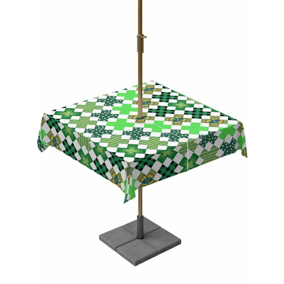 Square Outdoor Tablecloth with Umbrella Hole Saint Patrick's Day Outside Table Cloth Waterproof Patio Table Cover Green Plaid Clovers Geometric Zipper Tablecloths for Picnic Party Camping 54x54 Inch