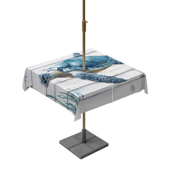 Square Outdoor Tablecloth with Umbrella Hole Sea Turtle Blue Outside Table Cloth Waterproof Patio Table Cover Coastal Ocean Seaweed Wood Grain Zipper Tablecloths for Picnic Party Camping 54x54 Inch