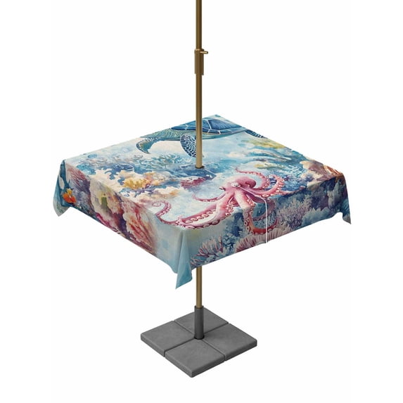 Square Outdoor Tablecloth with Umbrella Hole Sea Turtle Octopus Outside Table Cloth Waterproof Patio Table Cover Coastal Coral Summer Ocean Beige Zipper Tablecloths for Picnic Camping 54x54 Inch