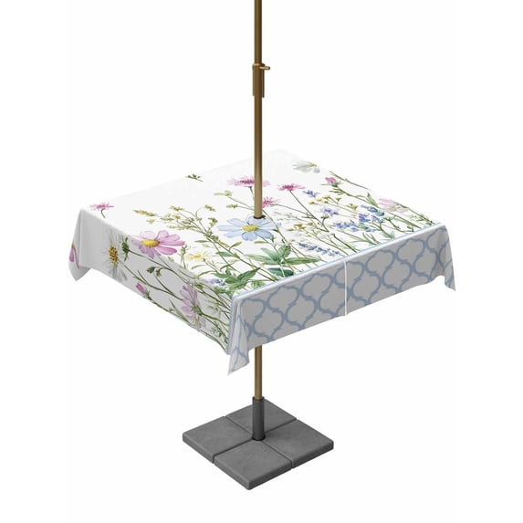 Square Outdoor Tablecloth with Umbrella Hole Spring Daisy Outside Table Cloth Waterproof Patio Table Cover Blue Moroccan White Wildflowers Country Plants Zipper Tablecloths for Picnic 54x54 Inch