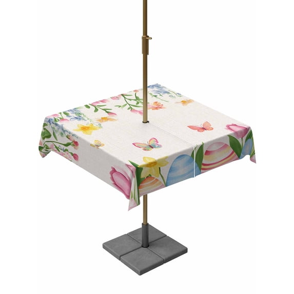 Square Outdoor Tablecloth with Umbrella Hole Spring Floral Easter Outside Table Cloth Waterproof Patio Table Cover Pastoral Tulip Flowers Watercolor Zipper Tablecloths for Picnic Camping 60x60 Inch