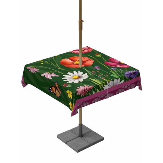 Square Outdoor Tablecloth with Umbrella Hole Spring Flowers Outside Table Cloth Waterproof Patio Table Cover Purple Boho Farmhouse Botanical Florals Zipper Tablecloths for Picnic Camping 60x60 Inch