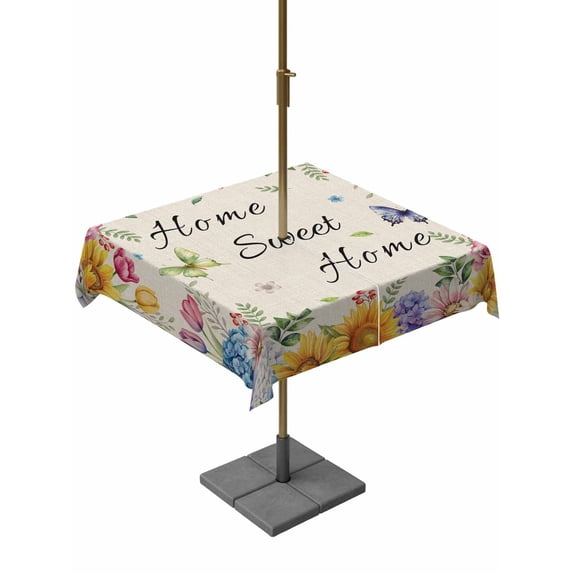 Square Outdoor Tablecloth with Umbrella Hole Spring Wildflowers Outside Table Cloth Waterproof Patio Table Cover Watercolor Tulip Floral Leaf Plant Beige Zipper Tablecloths for Picnic 54x54 Inch