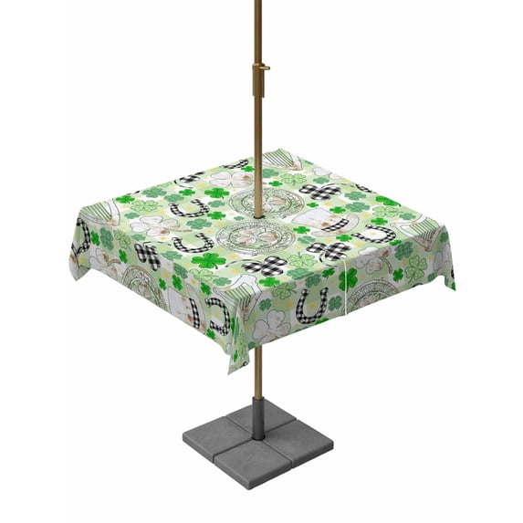 Square Outdoor Tablecloth with Umbrella Hole St. Patrick's Day Outside Table Cloth Waterproof Patio Table Cover Green Black Plaid Lucky Clovers Check Zipper Tablecloths for Picnic Camping 60x60 Inch
