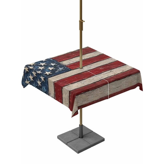 Square Outdoor Tablecloth with Umbrella Hole Star Striped Flag Outside Table Cloth Waterproof Patio Table Cover Vintage Wood Grain Abstract Red Blue Zipper Tablecloths for Picnic Camping 54x54 Inch