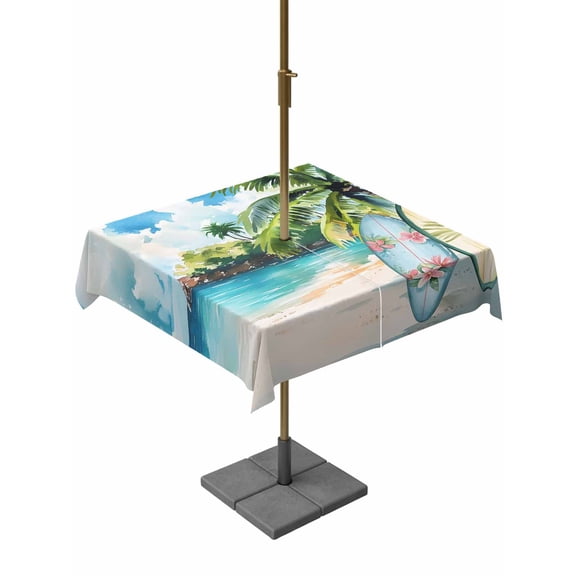 Square Outdoor Tablecloth with Umbrella Hole Summer Beach Outside Table Cloth Waterproof Patio Table Cover Tropical Coastal Palm Tree Surfboard Zipper Tablecloths for Picnic Party Camping 60x60 Inch
