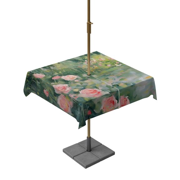 Square Outdoor Tablecloth with Umbrella Hole Summer Botanical Outside Table Cloth Waterproof Patio Table Cover Rose Bushes Floral Vintage Zipper Tablecloths for Picnic Party Camping 54x54 Inch