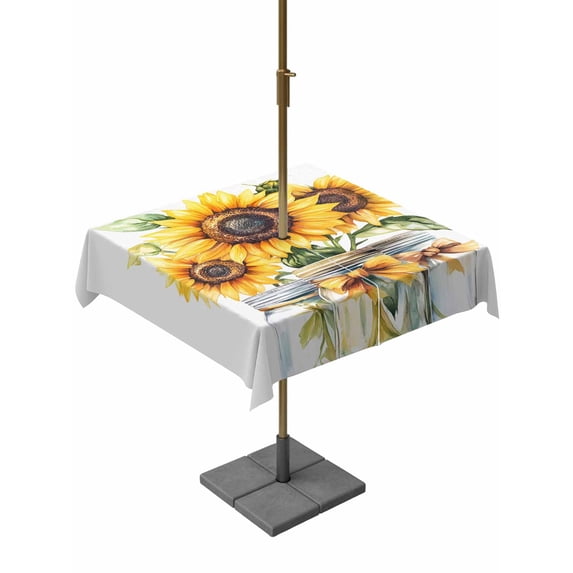 Square Outdoor Tablecloth with Umbrella Hole Summer Floral Outside Table Cloth Waterproof Patio Table Cover Spring Watercolor Sunflowers Bow Vase Zipper Tablecloths for Picnic Camping 54x54 Inch