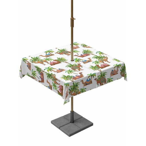 Square Outdoor Tablecloth with Umbrella Hole Summer Outside Table Cloth Waterproof Patio Table Cover Botanical Tropical Plants Camels Palm Tree Animals Zipper Tablecloths for Picnic 54x54 Inch